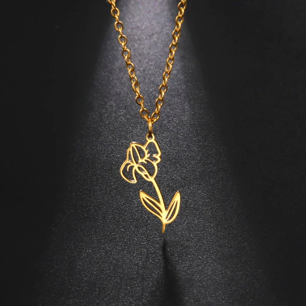 Stainless Steel Birth Month Flower Necklace