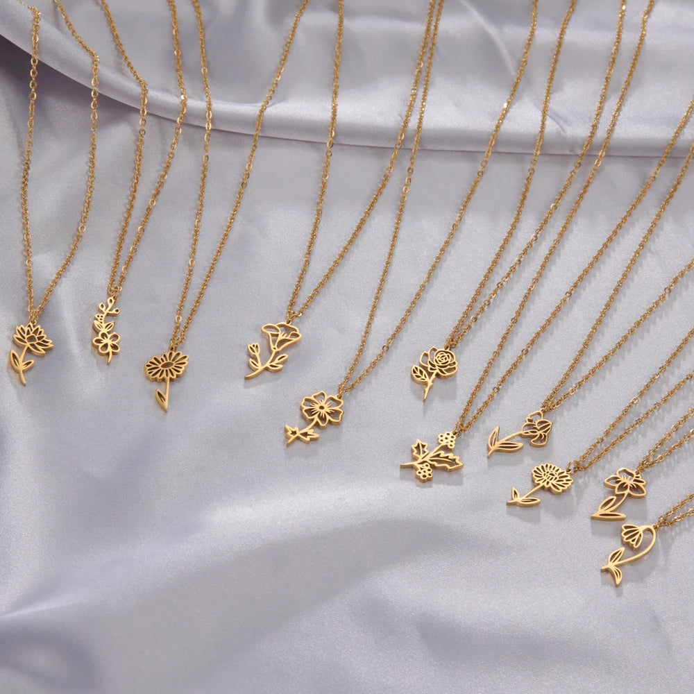 Stainless Steel Birth Month Flower Necklace