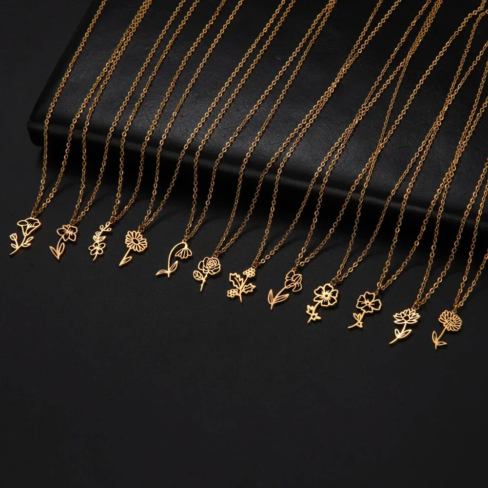 Stainless Steel Birth Month Flower Necklace