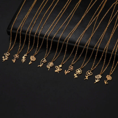 Stainless Steel Birth Month Flower Necklace